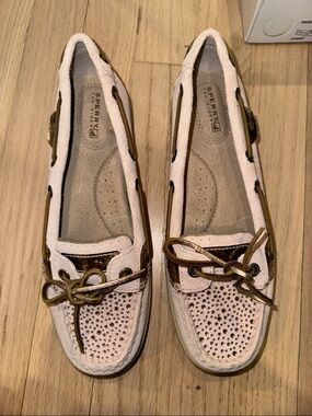 Sperry Light Pink with Rhinestone Boat Loafers with Metallic Bronze Trim